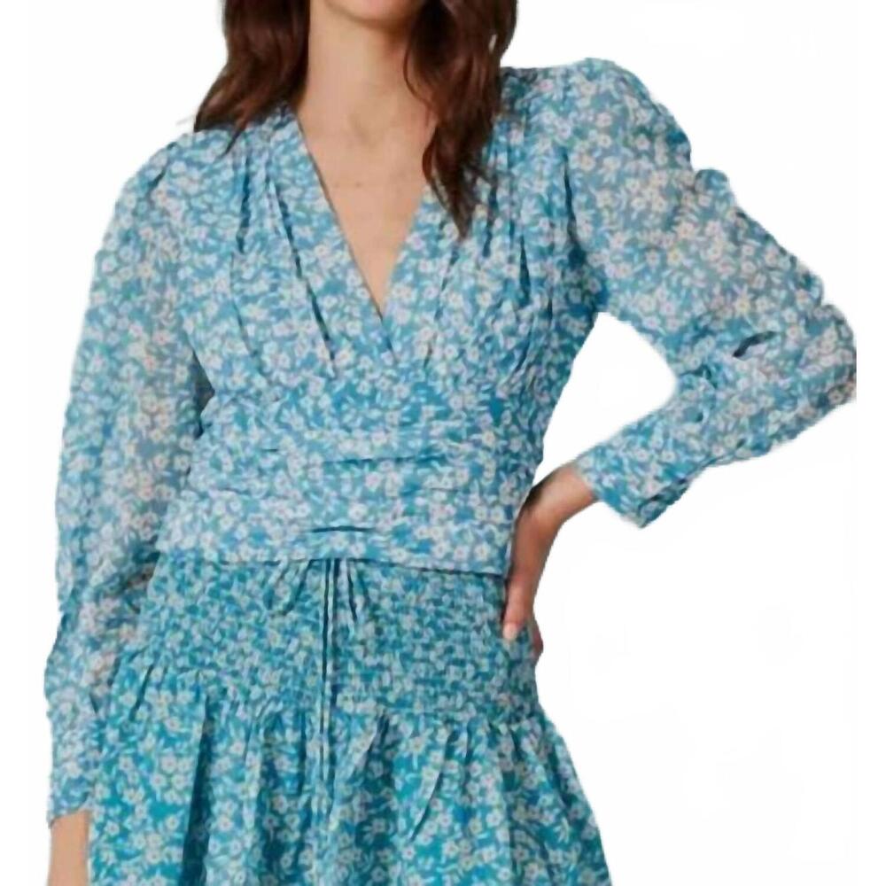 NEW DELUC long sleeve pleat waist floral blouse in aqua